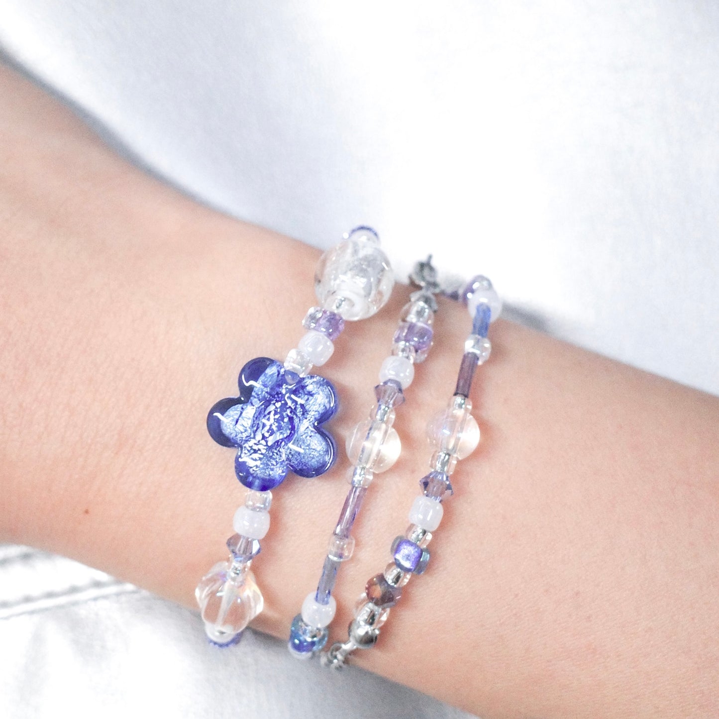 Two Way Necklace Bracelet 𐙚˚ ༘❀⋆ Murano Royal Blue 925 Silver Foil Flower
