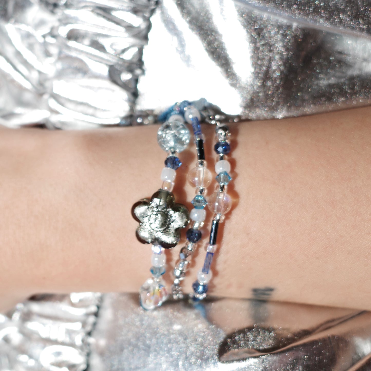 Two Way Necklace Bracelet 𐙚˚ ༘❀⋆ Murano Gray 925 Silver Foil Flower