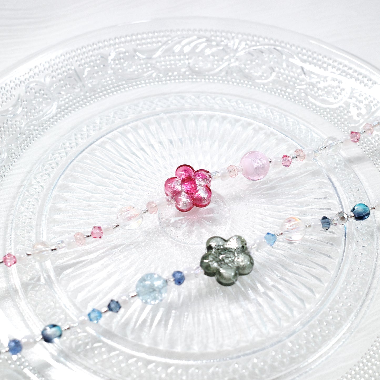 B .ᐟ.ᐟ Two Way Necklace Bracelet 𐙚˚ ༘❀⋆ Murano Rubino Stripe Silver Foil Flower