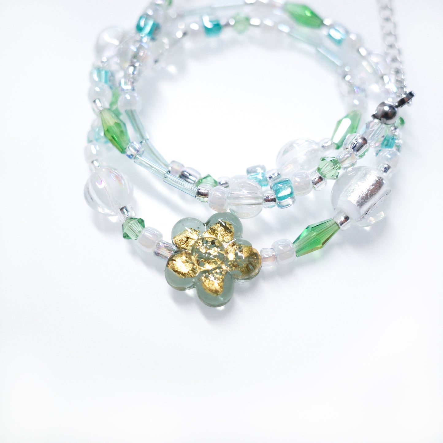 Two Way Necklace Bracelet 𐙚˚ ༘❀⋆ Murano Light Olivine Gold Foil Flower