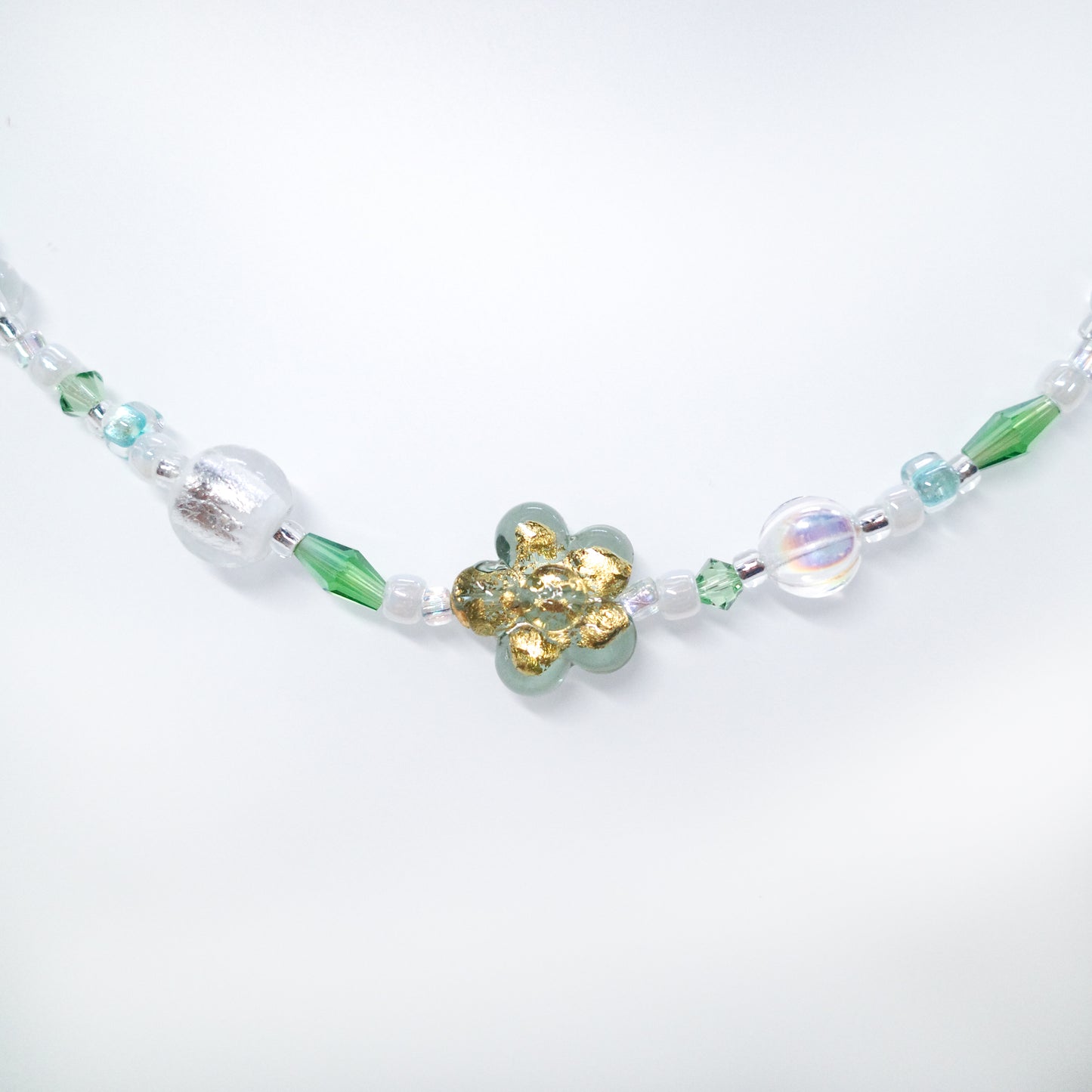 Two Way Necklace Bracelet 𐙚˚ ༘❀⋆ Murano Light Olivine Gold Foil Flower