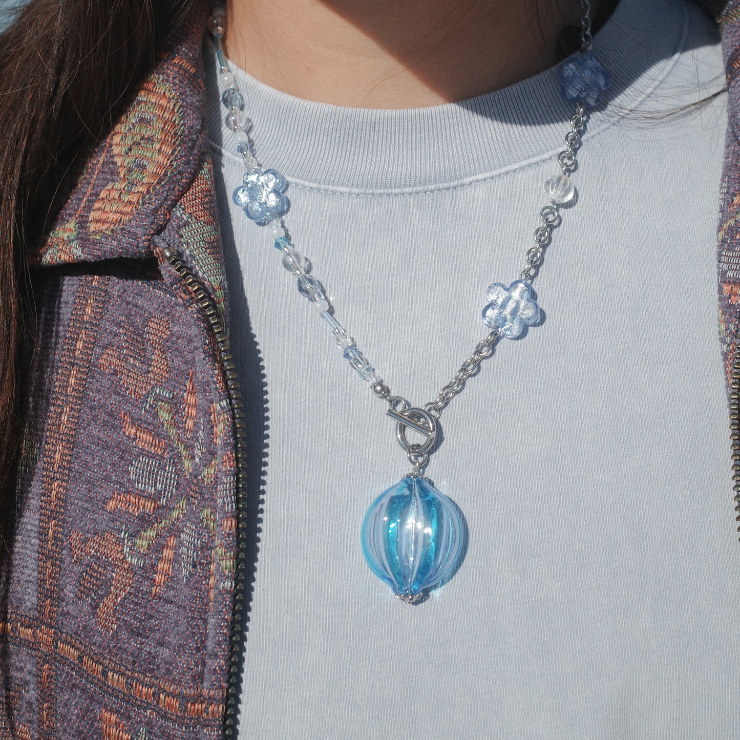 Arrival .ᐟ.ᐟ Blown *ੈ‧₊ Murano Aqua Blue Glass Blown S.S. Necklace