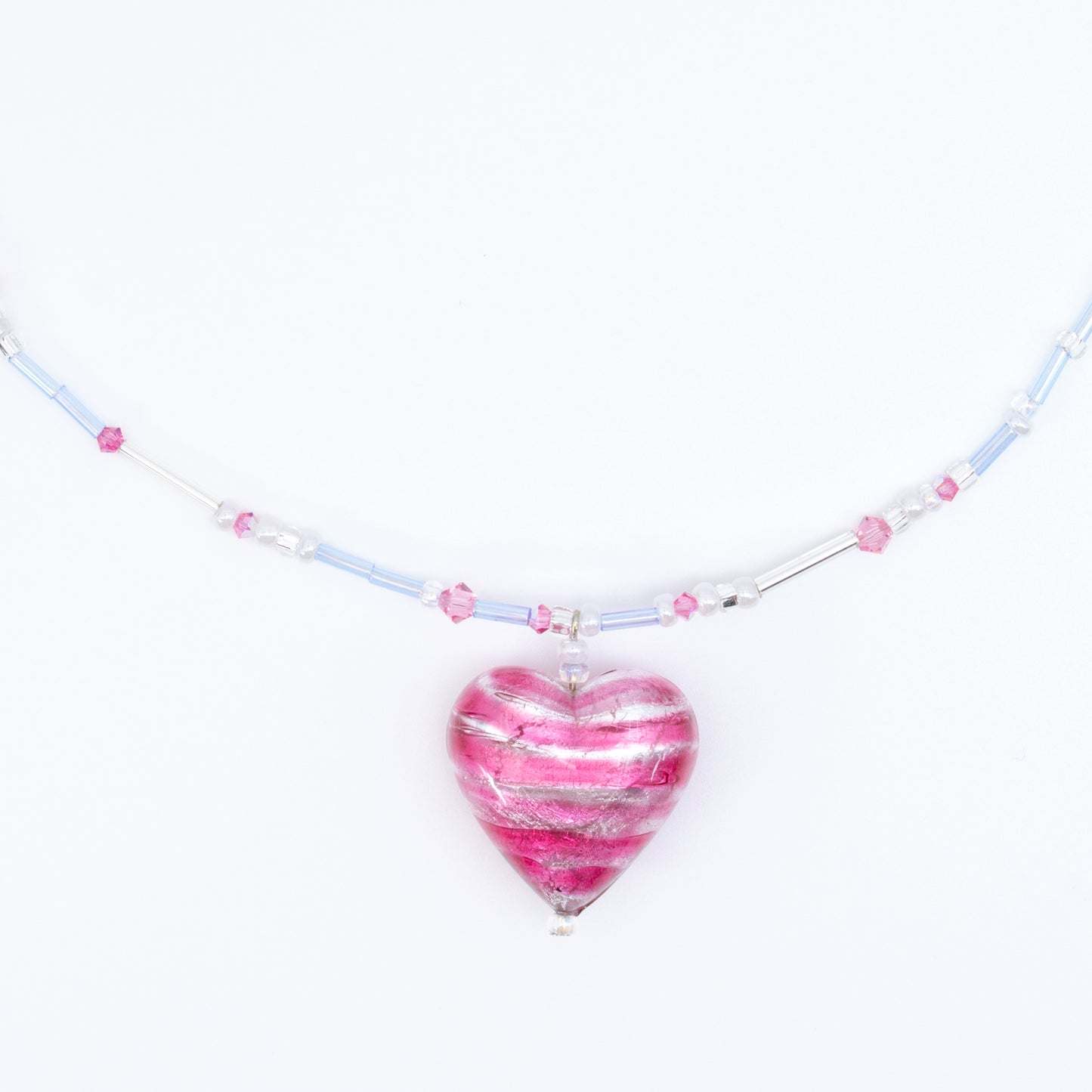 Heart ⋆˙⟡♡ Murano Pink Stripe Heart Necklace