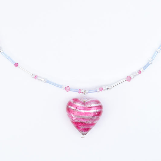 Heart ⋆˙⟡♡ Murano Pink Stripe Heart Necklace