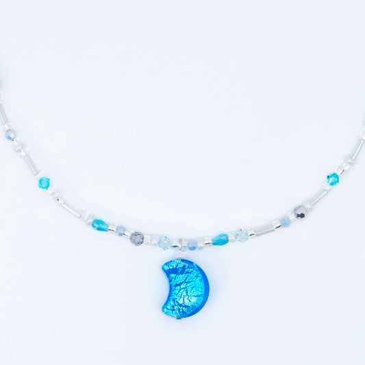 Moon ⋆⁺₊⋆ ☽ ⋆⁺₊⋆ Murano Aqua Silver Foil Moon Necklace