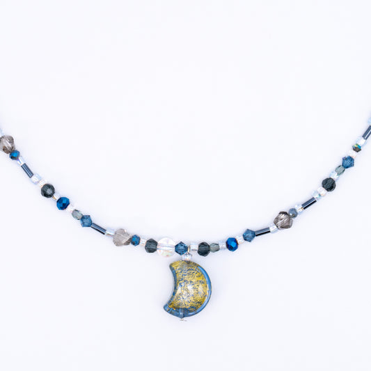 Moon ⋆⁺₊⋆ ☽ ⋆⁺₊⋆ Murano Blue 24kt Gold Foil Moon Necklace