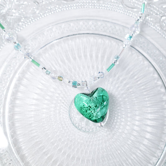 Heart ⋆˙⟡♡ Murano Emerald Silver Foil Heart Necklace